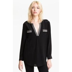 Joie 'Mystic'‎ Black Silk Blouse - Contrast Trim V-Neck Long Sleeve Shirt